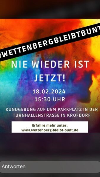 Buntes Plakat zur Demo in Wettenberg am 18.2. gegen Rechts.